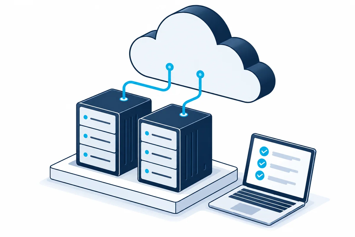 Illustration of cloud hosting, server infrastructure, and a deployment checklist.