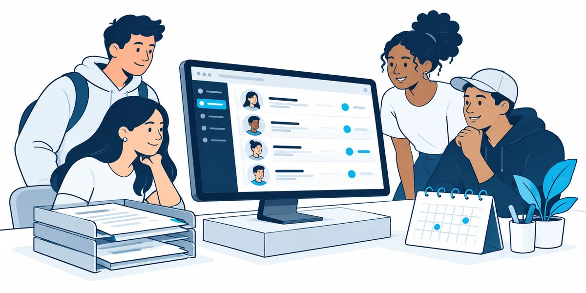 Concept illustration of young adults, a membership portal, program calendar, and document requests.