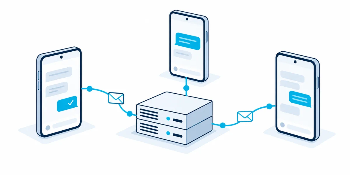 Concept illustration of Android phones exchanging messages through a central coordination server.