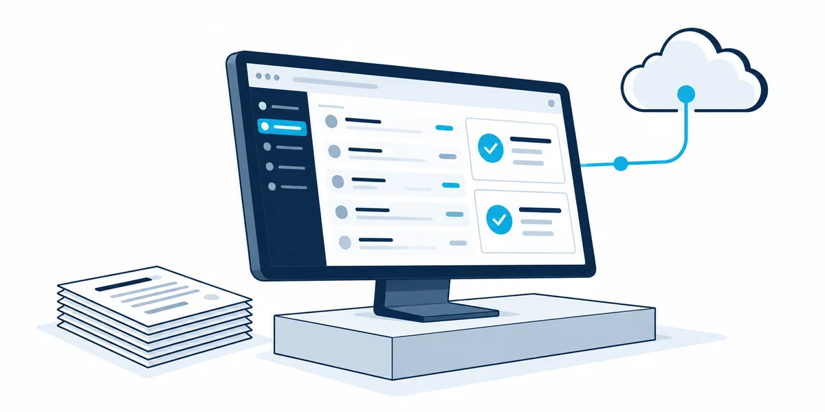 Illustration of a business application organizing records and approvals.