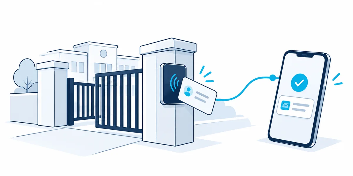 Concept illustration of a school RFID reader, student card, and a parent notification on a phone.