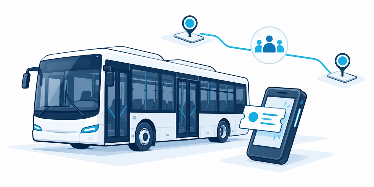 Concept illustration of a bus, a mobile ticket, route stops, and a passenger-count symbol.